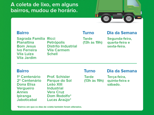 Atenção para novos horários de coleta de lixo